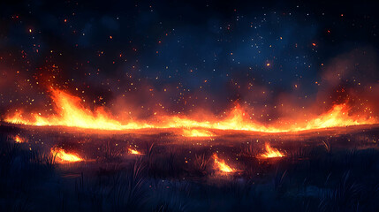 Burning field under a starry night sky filled with sparks and smoke showcasing natures raw power