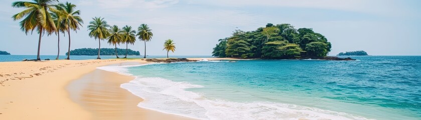 Obraz premium Tropical beach with palm trees and calm turquoise waters.