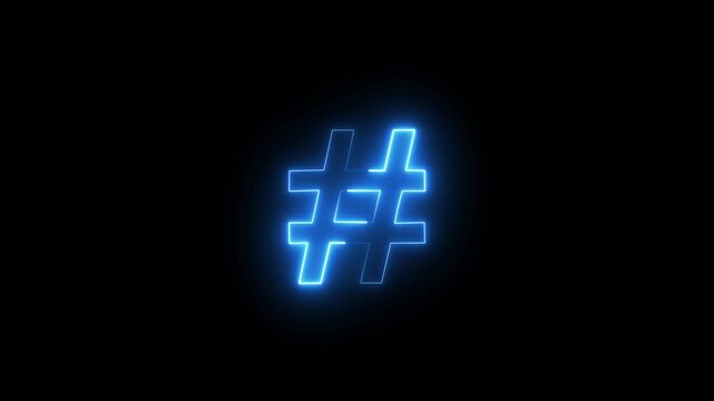Hashtag glowing Blue neon icon, Shiny symbol. Glowing Neon Hashtag Icon, Symbol of Social Media and Digital Communication, 4k Video Motion Graphic Animation.
