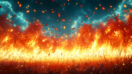 Naklejka premium Fiery autumn scene with falling leaves grass trees and a cloudy sky Warm color palette and dreamy atmosphere