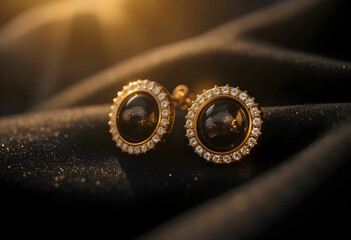 Elegant Gold And Diamonds Mix Earrings Resting Gently On Deep Black Velvet Fabric With Sunshine