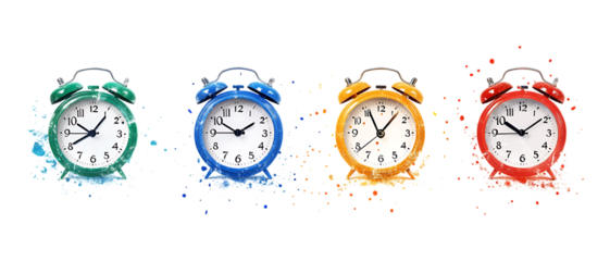 Colorful Alarm Clocks with Paint Splatters Against Transparent Background
