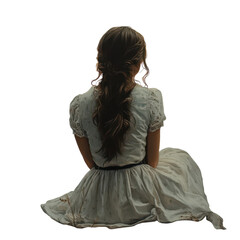 A wistful young woman in a flowing white dress her back to the camera lost in thought on a solitary evening dark background soft lighting on transparent background