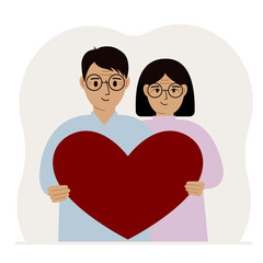 Happy man and woman holding a big red heart in their hands. Vector flat illustration of love.
