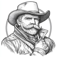 A sophisticated gentleman with a dramatic handlebar mustache is depicted in a meticulously rendered illustration, wearing classic attire and exhibiting a focused gaze