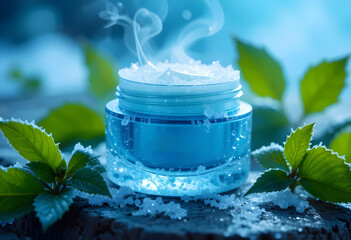 Moisturizer Jar With Delicate Ice Crystals Forming Around The Edges, Creating a Frosty Effect And Leafs, Cosmatic Product Photography 