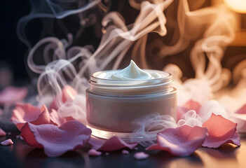 Hand Cream Jar With Swirling Smoke Gently Surrounding The Jar, Along With Soft Rose Petals,Cosmatic Product Photography 