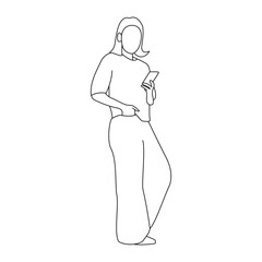 Outline Drawing of Woman Using Smartphone, Minimal Line Art Female Character with Casual Pose