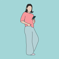 Faceless Woman Standing with Smartphone in Casual Pose, Modern Flat Illustration of Female Using Phone