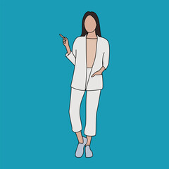 Faceless Woman in Modern White Blazer Pointing in Style, Female Character in Chic Blazer and Casual Pants Pose Illustration