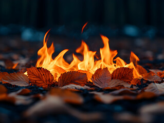 Autumn leaves aflame a vibrant spectacle with orange flames and a dark blurred backdrop