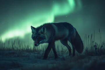 A lone fox walking under the aurora borealis in a field of grass at night in a winter landscape