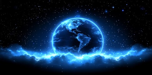 Fototapeta premium A web of interconnected data surrounds a digital depiction of the Earth, providing a visual representation of global communication and the progression of technology