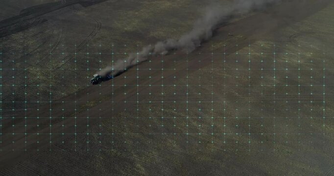 Animated tractor moving across field, leaving dark smoke and neon?blue heartbeat grid overlay