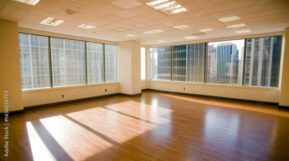 Aufkleber spacious office area features large windows and a minimalist aesthetic, illuminated by sunlight floo