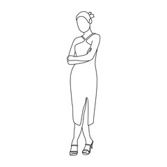 Outline Drawing of Woman in Elegant Dress with Arms Crossed, Line Art of Female Standing in One Shoulder Dress