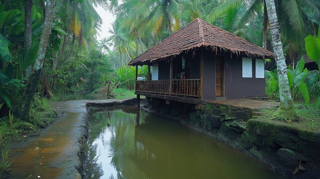 Small rural orchid farm surrounded by coconut trees in Kerala