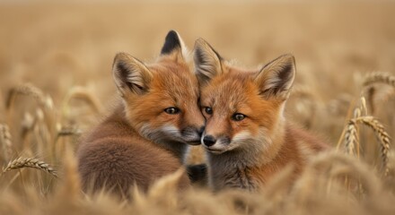 Fototapeta premium Pair of fox cubs nestled in golden wheat, looking curiously at the camera.