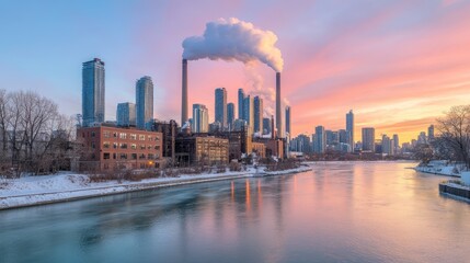 Obraz premium Wide shot of industrial skyline with furnaces and tall exhaust stacks