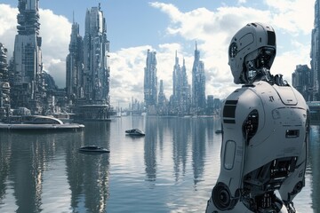 Futuristic robot gazing at a tranquil cityscape by the water in a sci-fi setting
