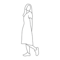 Line Art of Woman in Dress and Sneakers in Casual Pose, Black Outline Drawing of Young Woman Standing