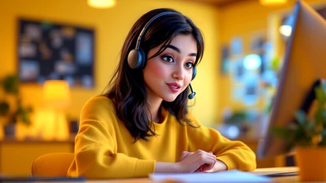 girl with laptop and providing customer support as a agent, call center agent, talking with the customeer, customer service