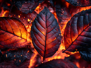 Burnt leaves glow with heat Charred edges and veins Ember light creates dramatic contrast