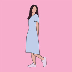 Faceless Girl in Pastel Blue Dress and White Sneakers Standing Pose, Flat Illustration of Woman with Casual Dress on Pink Background