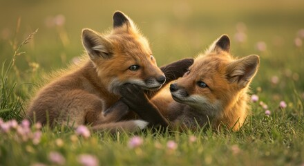 Obraz premium Two playful fox cubs gently nibbling each other in a meadow filled with pink wildflowers.