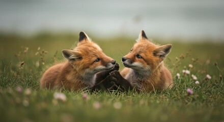 Fototapeta premium Two fox cubs affectionately playing on a grassy field, surrounded by tiny pink wildflowers.