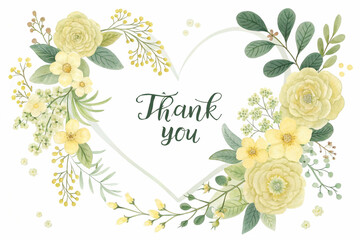 With a gentle watercolor aesthetic, a heart-shaped wreath of yellow and green flowers and leaves frames the handwritten "Thank you" message