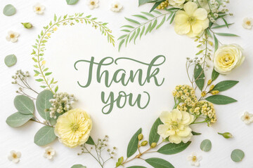 A heartfelt "Thank you" message is beautifully centered within a delicate, heart-shaped wreath of pastel yellow and green watercolor flowers and leaves