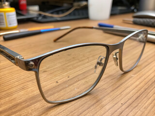 Detail shot of titanium eyeglass frame with wear and discoloration on wooden desk capturing unique craftsmanship