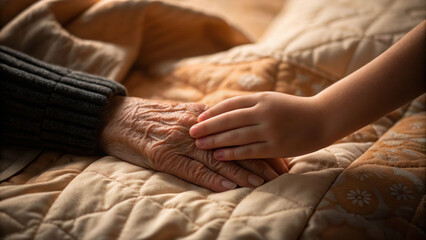 Elderly and young hands tugging on a shared quilt home close-up warm generational connection