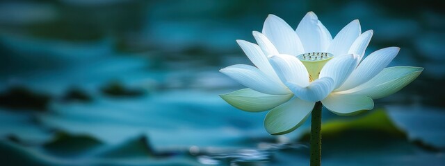 A serene white lotus flower blooming on calm water, symbolizing purity and tranquility.