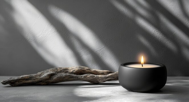 The combination of a minimalist tin container, a piece of driftwood, and a carefully crafted candle creates a calming and inviting atmosphere, one that rewards close attention to its subtle details