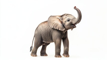 Baby Elephant With Raised Trunk Displays Friendliness and Charm in Soft Light Against a White Background Generative AI