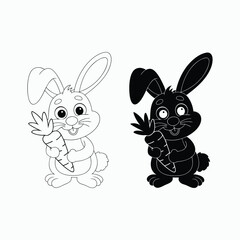 Smiling Cartoon Bunny Holding Carrot – Black and White Coloring Page. Easter bunny with Easter eggs