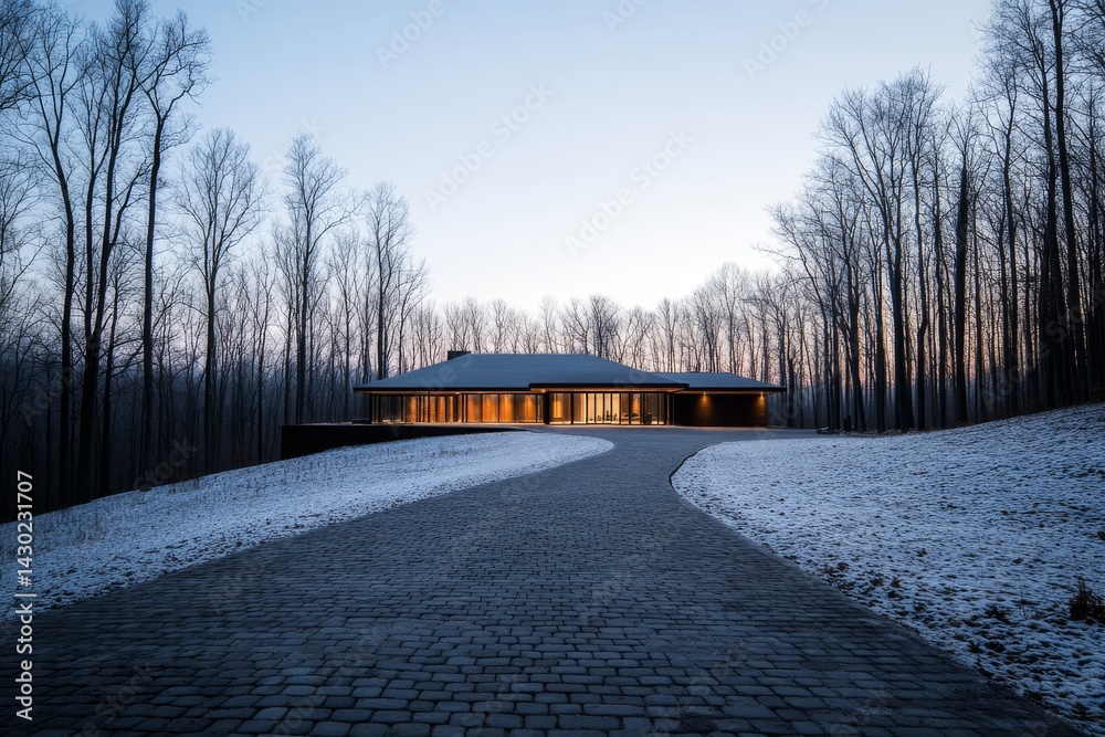 Poster a single-story glass house glimmers in the twilight, framed by frost-covered trees and a winding cob