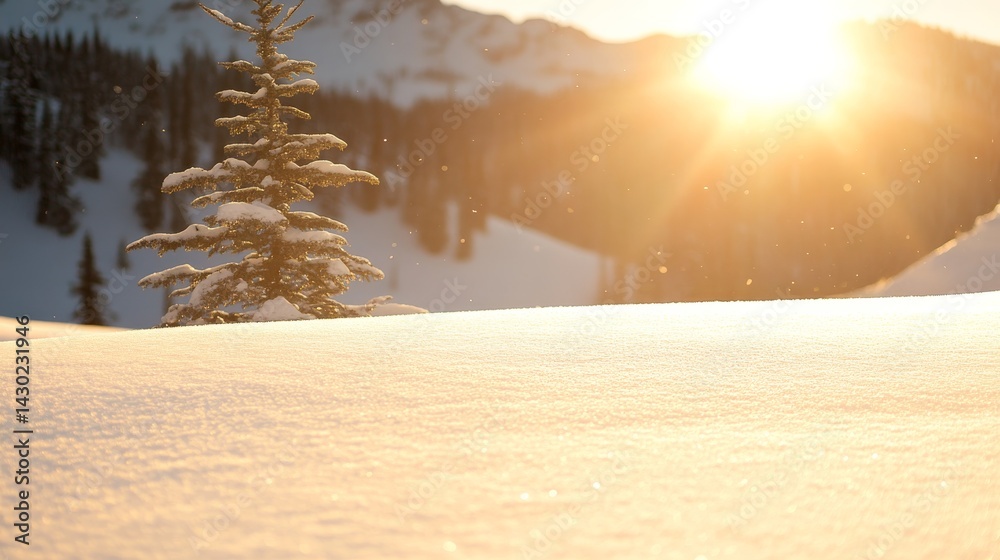 Poster snow blankets a mountain landscape as a single fir tree stands adorned with snow. warm golden light 