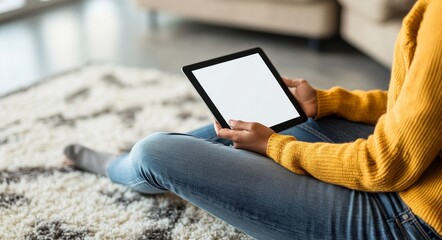 The image features a person holding a digital tablet with a blank display, a sleek and inviting screen ready to display multimedia content