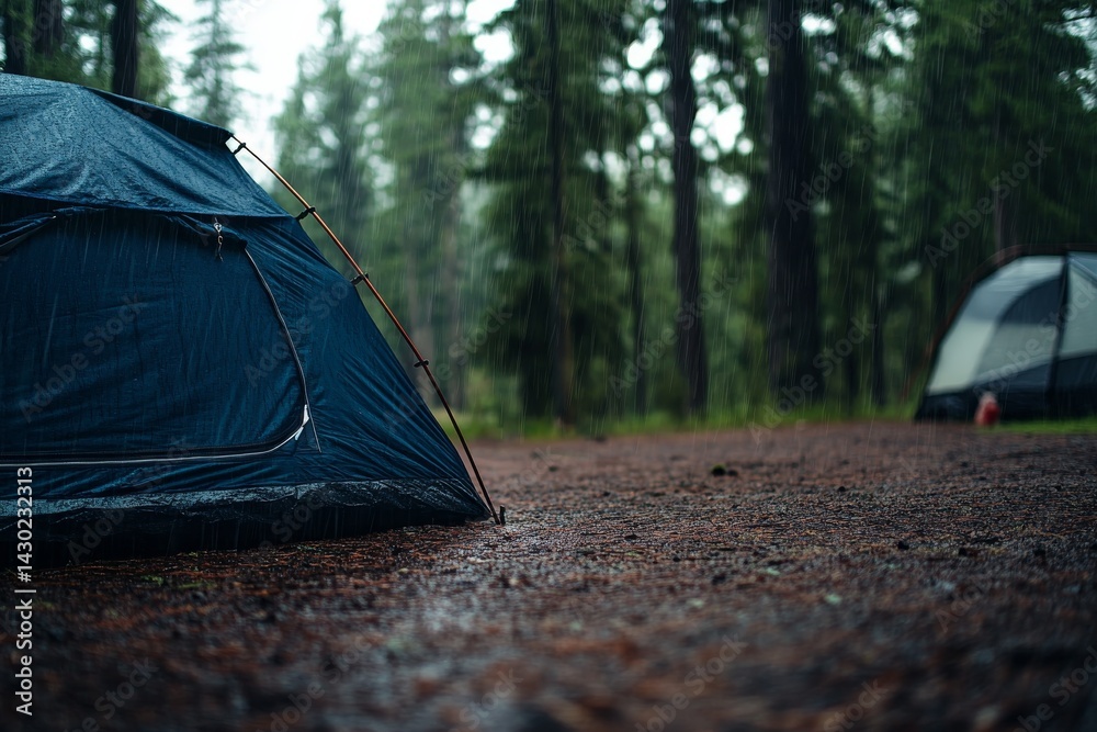 Aufkleber tent set up in a peaceful forest while rain falls softly, surrounded by tall trees, creating a calm 