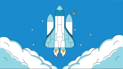 A powerful rocket launching into space, leaving a trail of smoke and fire behind, representing human achievement and exploration