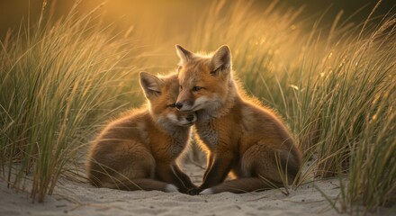 Fototapeta premium Two young red foxes sitting near coastal grass on a beach at sunset, mirrored reflection effect.