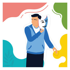 Man holding a mask of emotion, hiding emotion with mask.