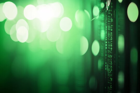 Bright green binary code overlays pixelated patterns, forming a modern digital interface with space on the right for more content on encryption