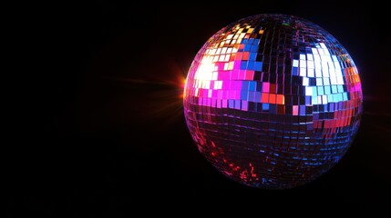 Fototapeta premium A shimmering disco ball reflecting colorful lights against a dark background.