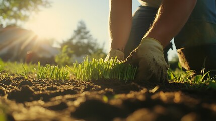 Gardener Planting Grass Seeds in the Morning