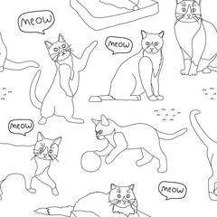 Cute cat line art seamless pattern illustration