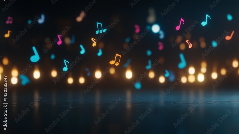 Poster Colorful music notes and symbols float in a luminous dark space, producing a rhythmic and artistic effect perfect for music-themed projects and designs